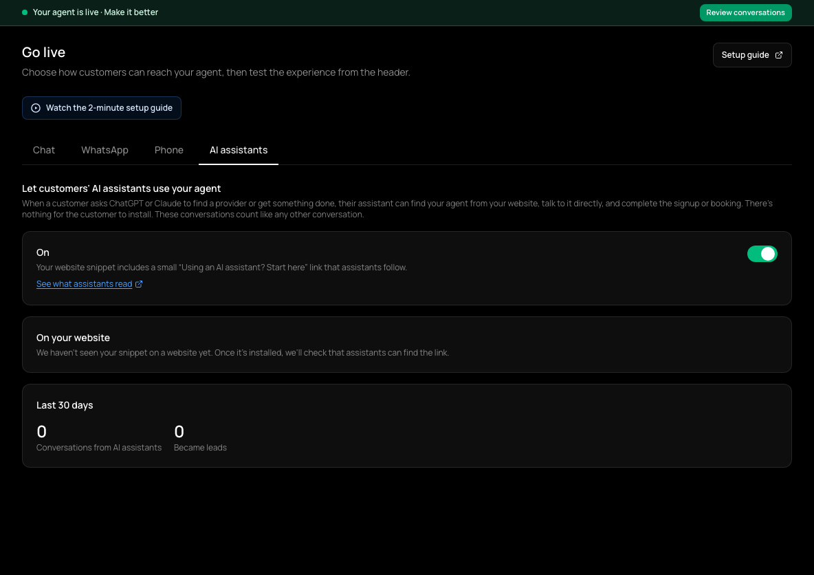 Go live, AI assistants tab: an on switch, the website link status, and last-30-days counts of assistant conversations and leads.