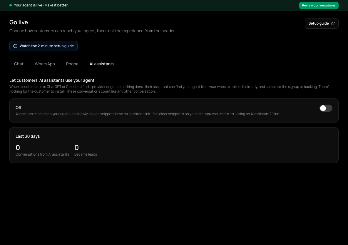 The AI assistants tab switched off, with the Off explanation and last-30-days counts.