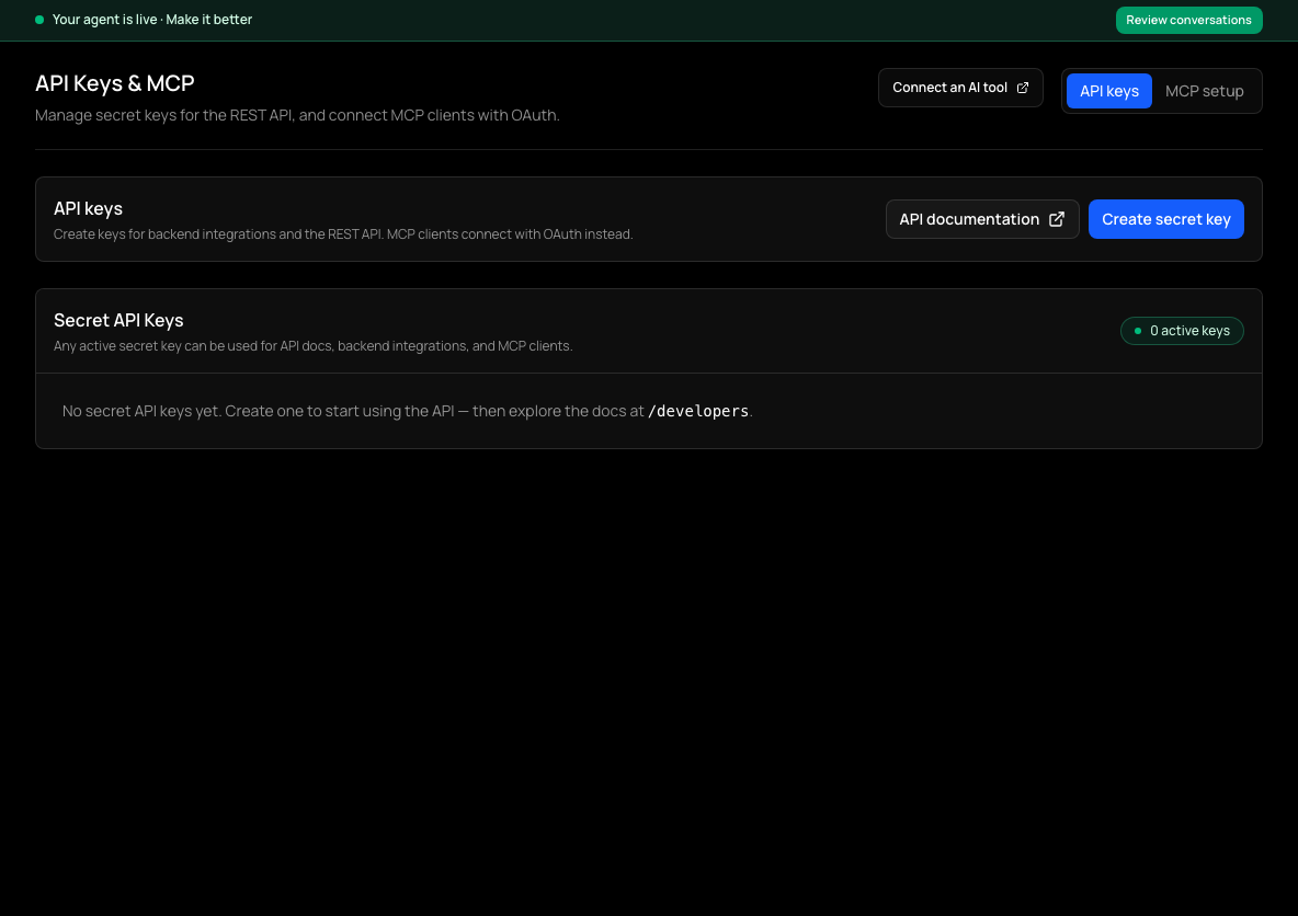 API Keys & MCP, API keys tab, with a Create secret key button and a link to the API documentation.
