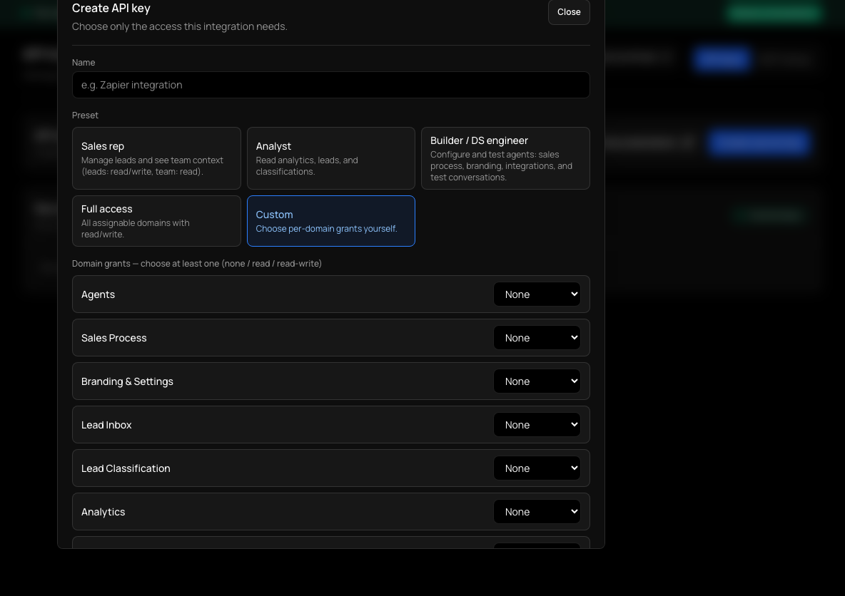 The Create API key dialog with a name, access presets and per-area grants.