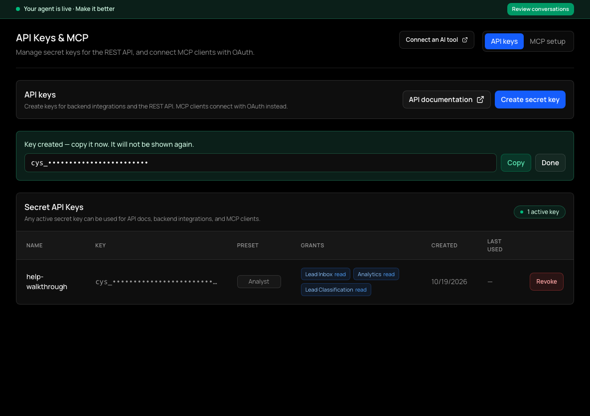 A new key shown once with a Copy button, and the key listed with its preset, grants and a Revoke button.