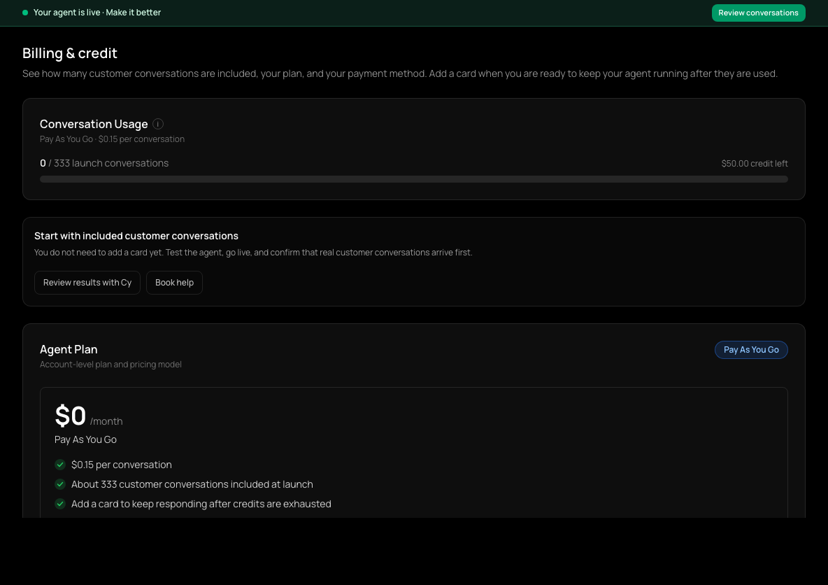 Billing & credit: Conversation Usage, Agent Plan options, a Payment Method form and Billing History.