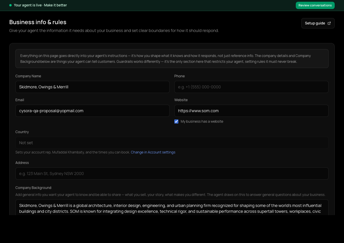 Business info & rules: company details, Company Background, Voice & Tone and Guardrails fields with a Save button.