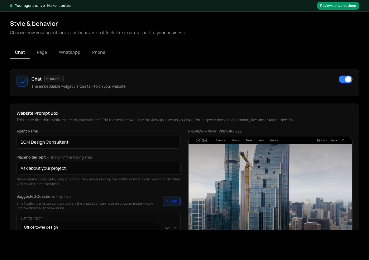 Style & behavior with Chat, Page, WhatsApp and Phone tabs, showing the website prompt box settings.