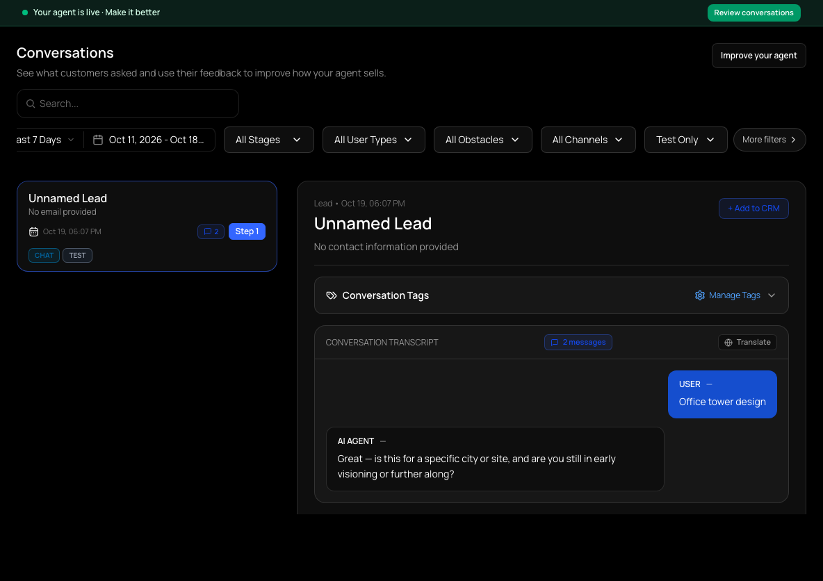 An open conversation with its Chat and Test badges, tags, and the transcript of a customer message and the agent's reply.