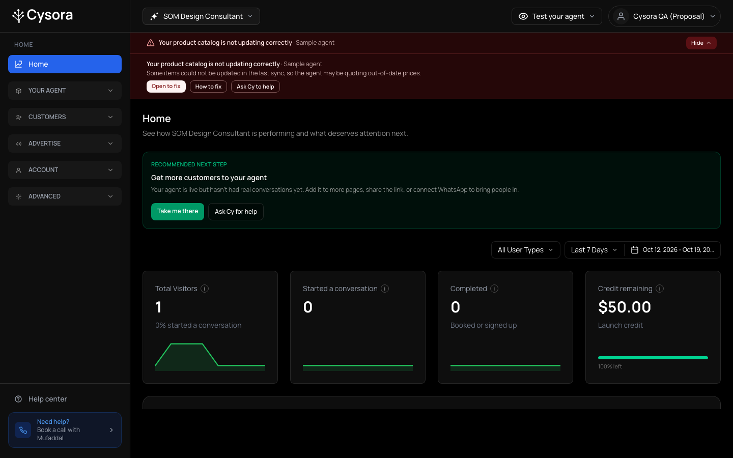 A red alert bar at the top of the dashboard, opened to show a problem with Open to fix, How to fix and Ask Cy to help buttons.