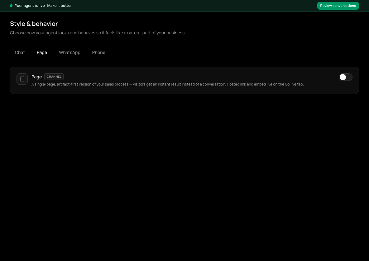 Style & behavior, Page tab: the Page channel with an on/off switch.