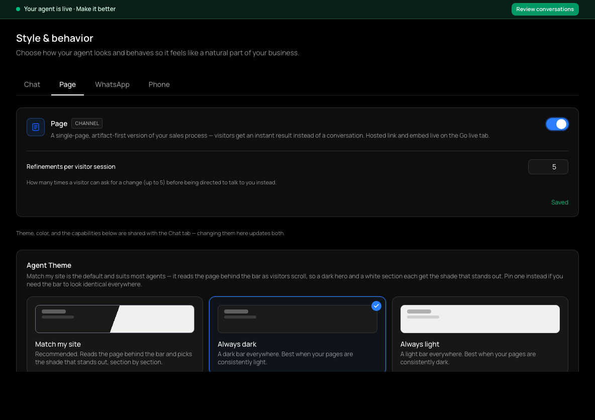 The Page channel switched on, with a Refinements per visitor session setting.