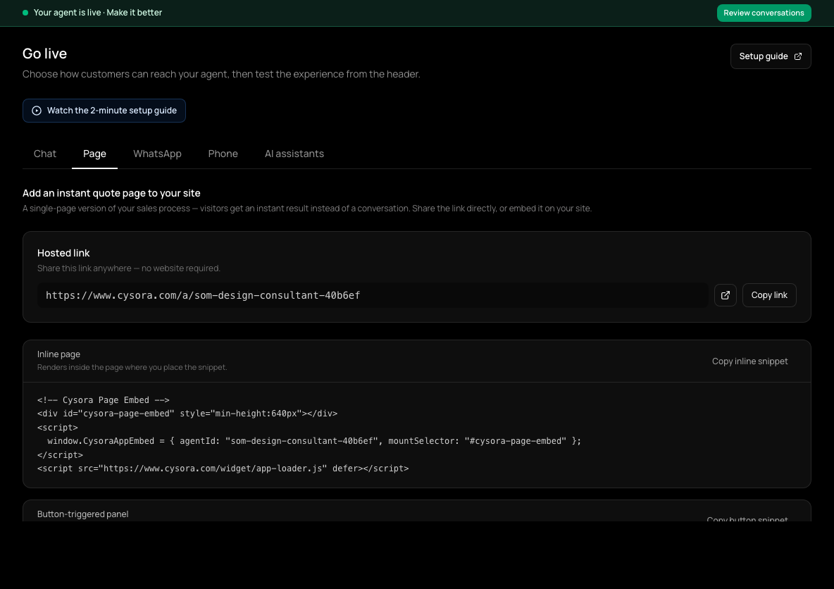 Go live, Page tab: the hosted link with Copy link, and Inline page and Button-triggered panel snippets.