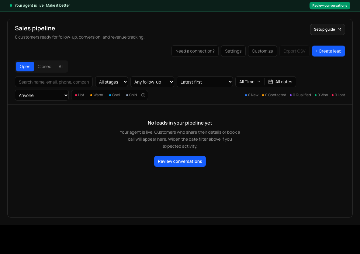 Sales pipeline with Open, Closed and All tabs, stage and follow-up filters, and counts per stage.