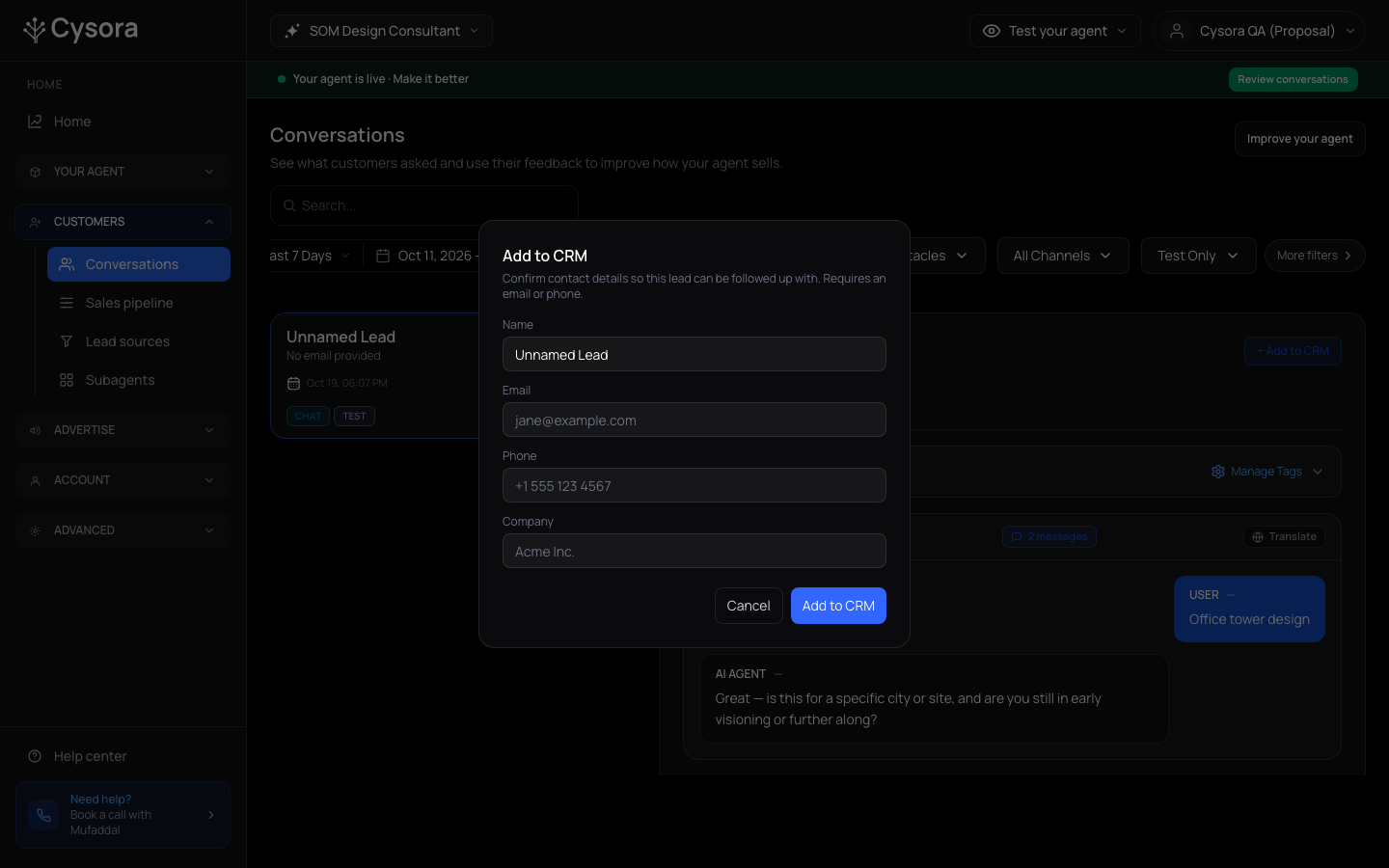 The Add to CRM dialog with Name, Email, Phone and Company fields.