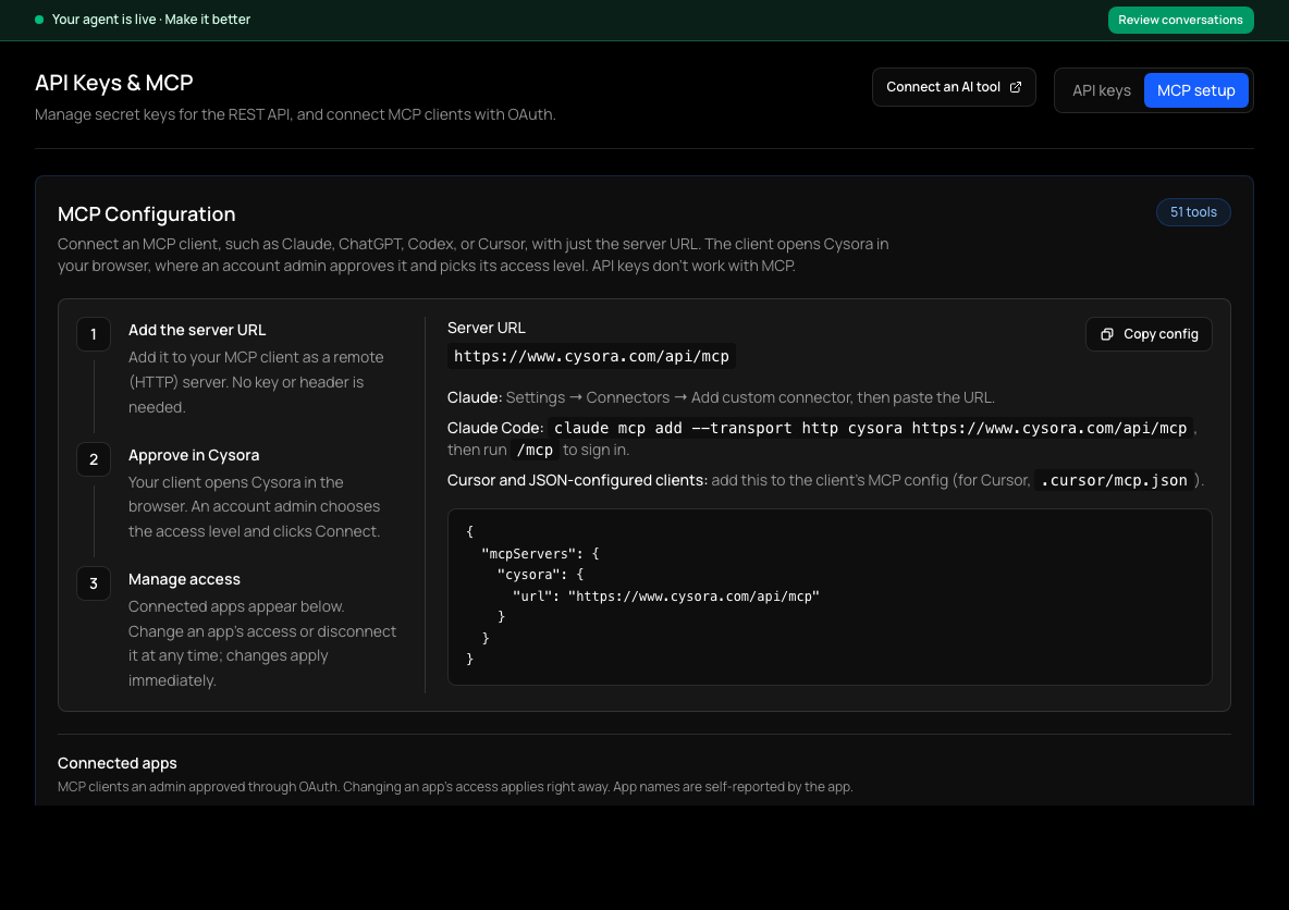API Keys & MCP, MCP setup tab: a three-step guide, the server URL, setup notes for Claude, Claude Code and Cursor, and a list of connected apps.