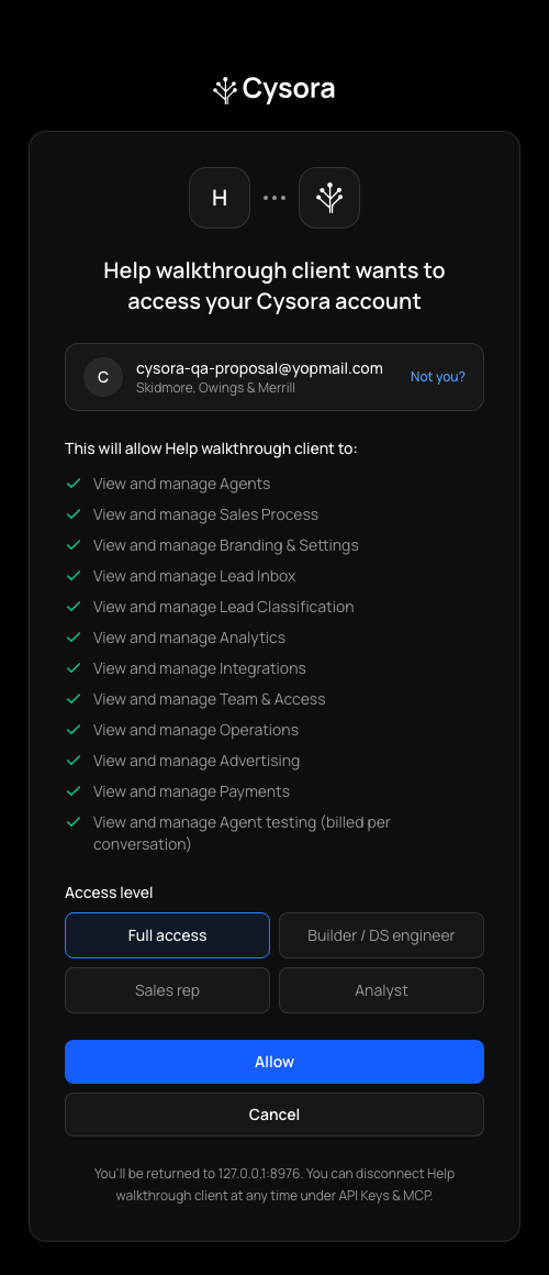 Cysora's approval page: the app's name, the signed-in account, what it will be allowed to do, four access levels, and Allow and Cancel buttons.