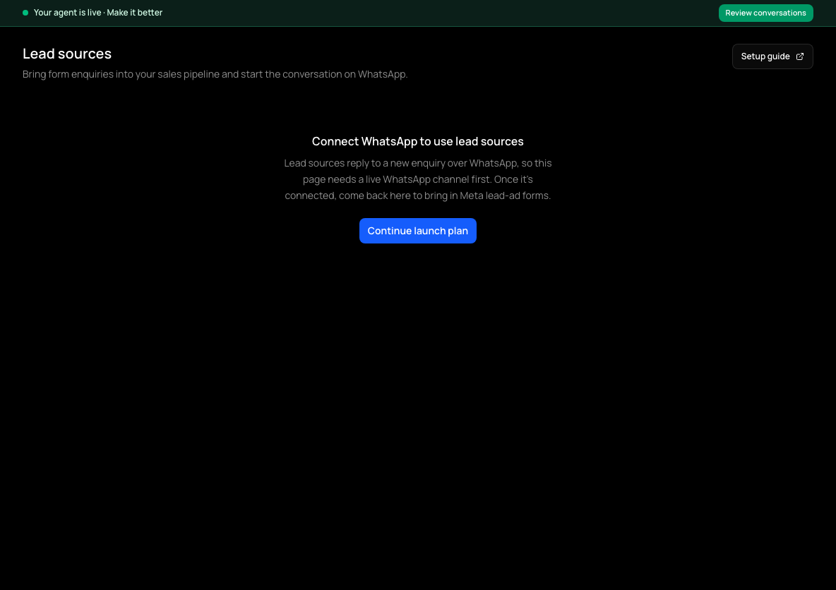 The Lead sources page before WhatsApp is connected, asking you to connect WhatsApp to use lead sources.