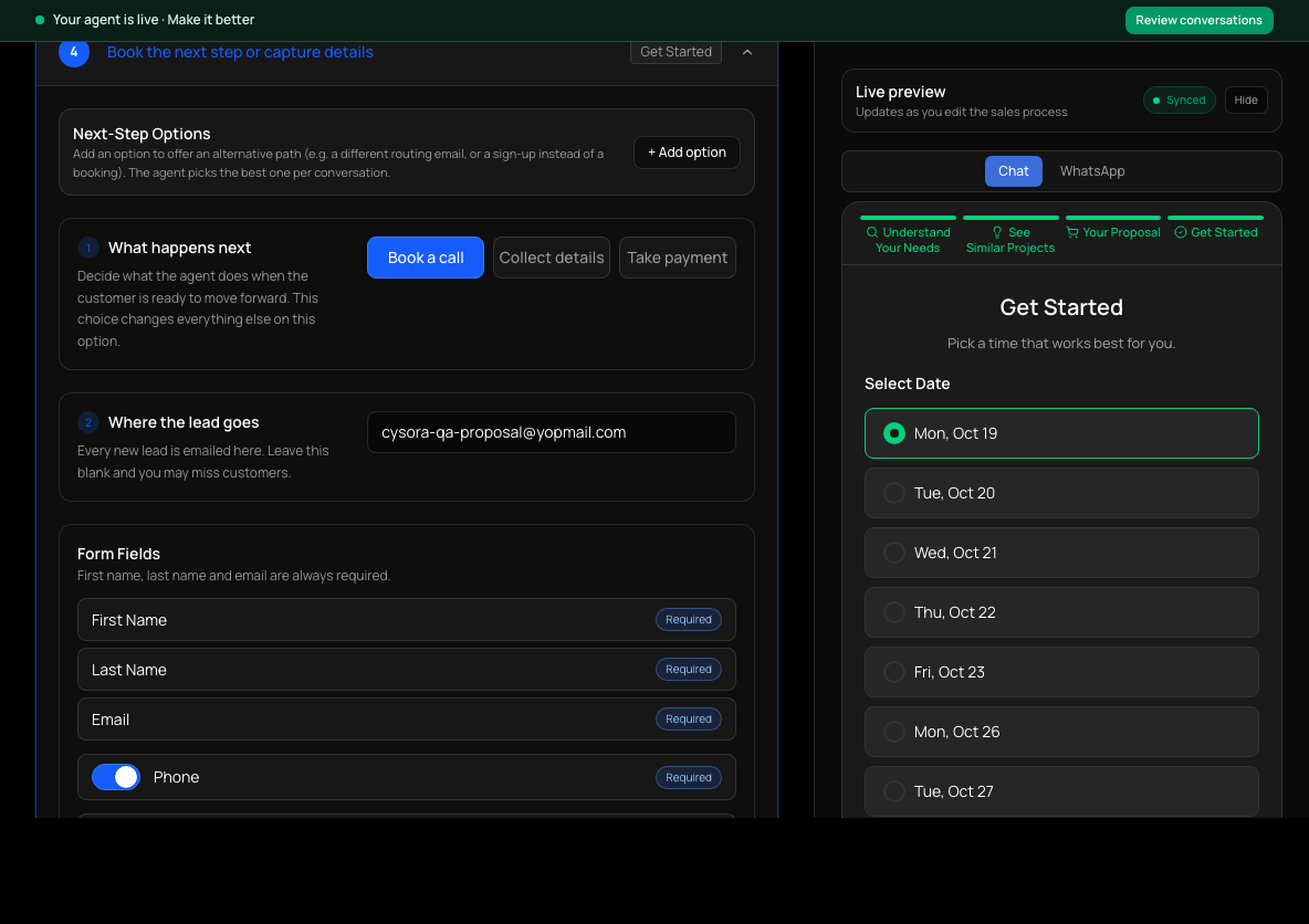 The last step of the sales process open, with its summary beside the live preview.