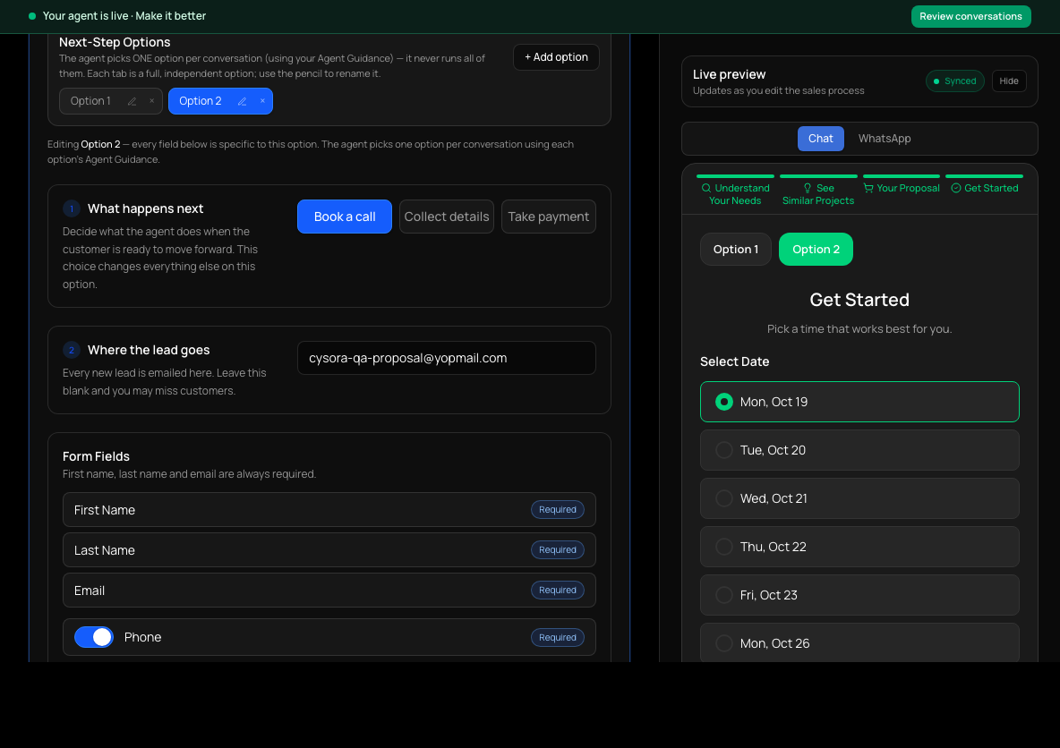 A second option added, with What happens next, Where the lead goes and form fields.