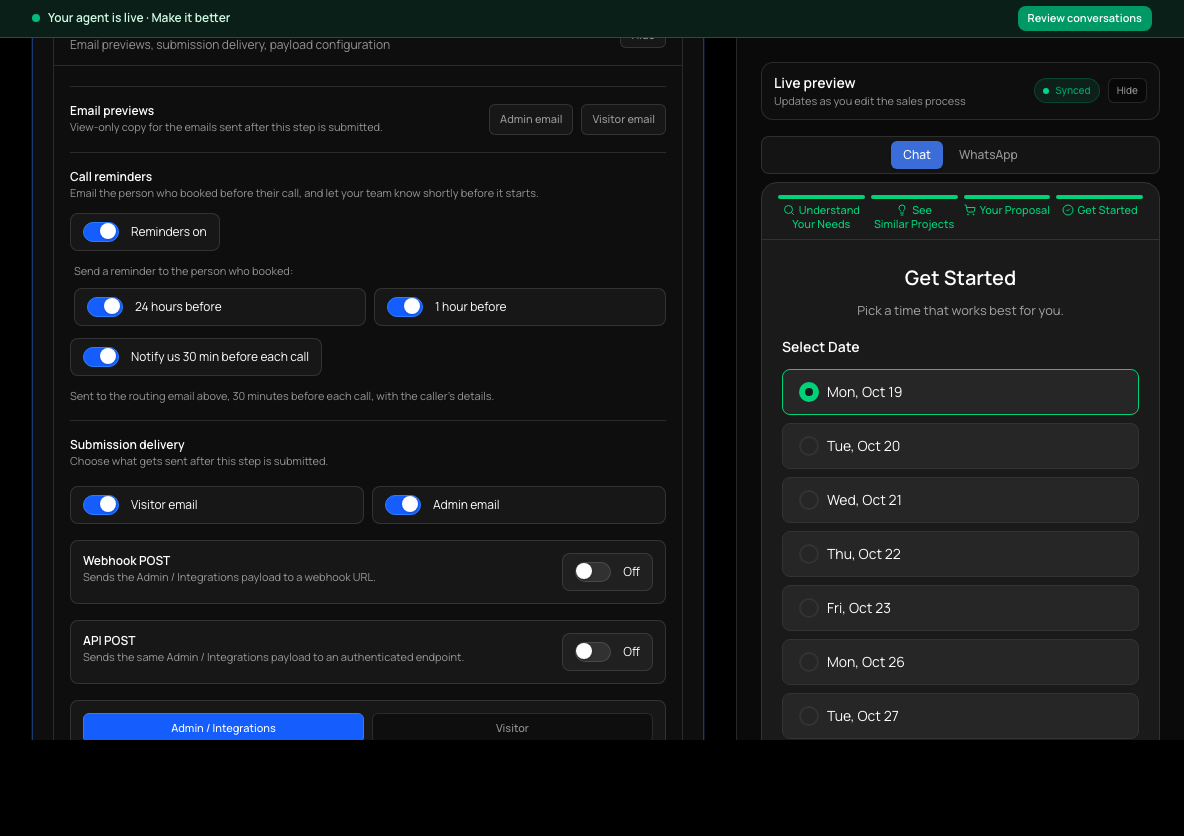Advanced Settings with Email previews for the admin and visitor emails, and Call reminders.
