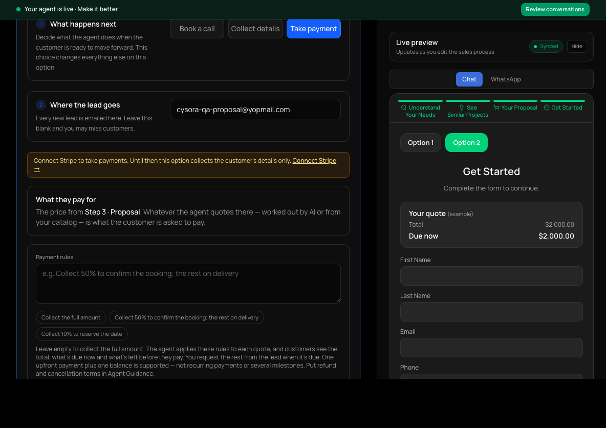 An option set to Take payment, with What they pay for and Payment rules.