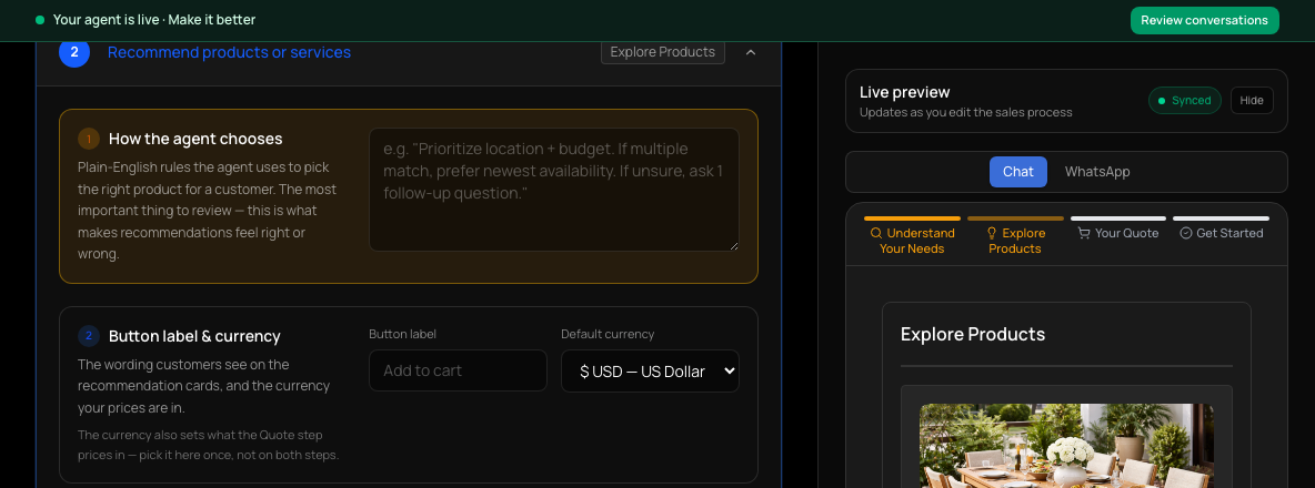 The Recommend products or services step open, showing How the agent chooses and Button label & currency.