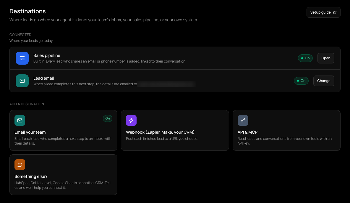 The Destinations page with Sales pipeline and Lead email under Connected, and Email your team, Webhook, API & MCP and Something else? under Add a destination.