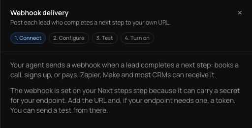 The Webhook delivery panel explaining that the webhook is set on your Next steps step, with a Set up on your Next steps step button.