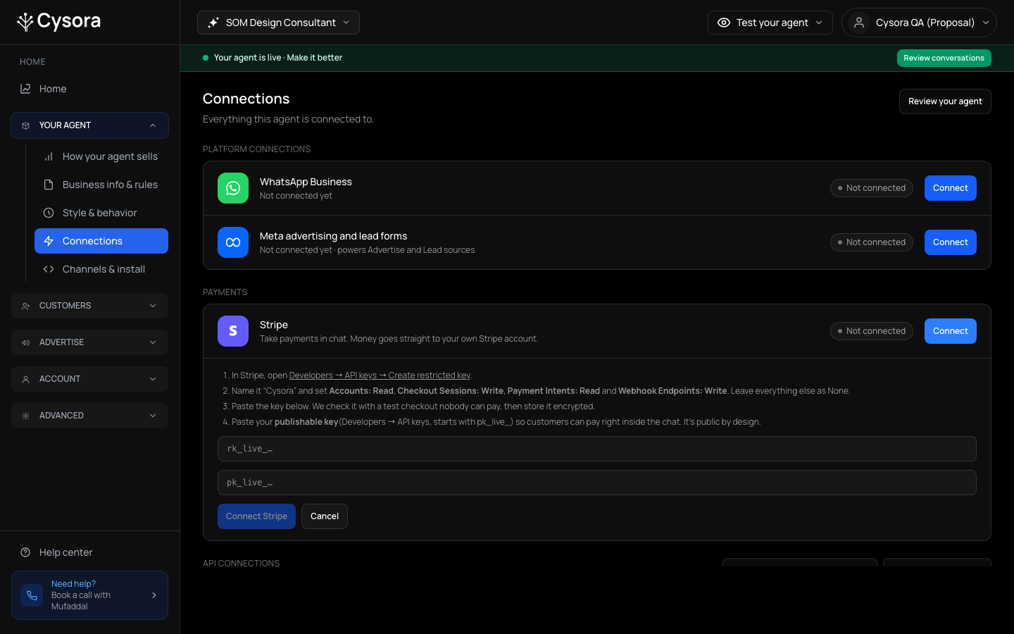 The Stripe connect form: four setup instructions and fields for the restricted key and the publishable key, with Connect Stripe and Cancel buttons.