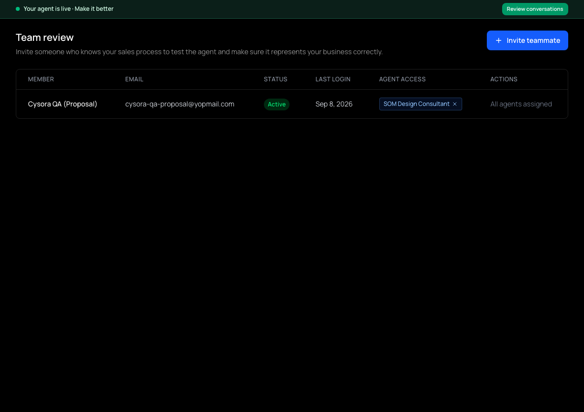 The team list with each member's status, last login and agent access, and an Invite teammate button.