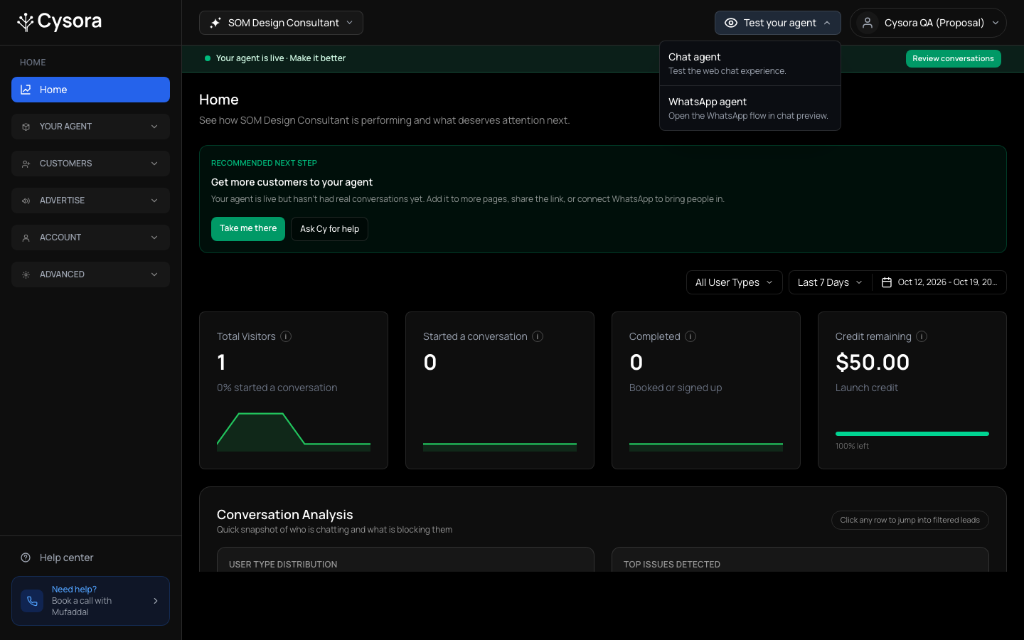 The Test your agent menu in the dashboard header, offering Chat agent and WhatsApp agent.