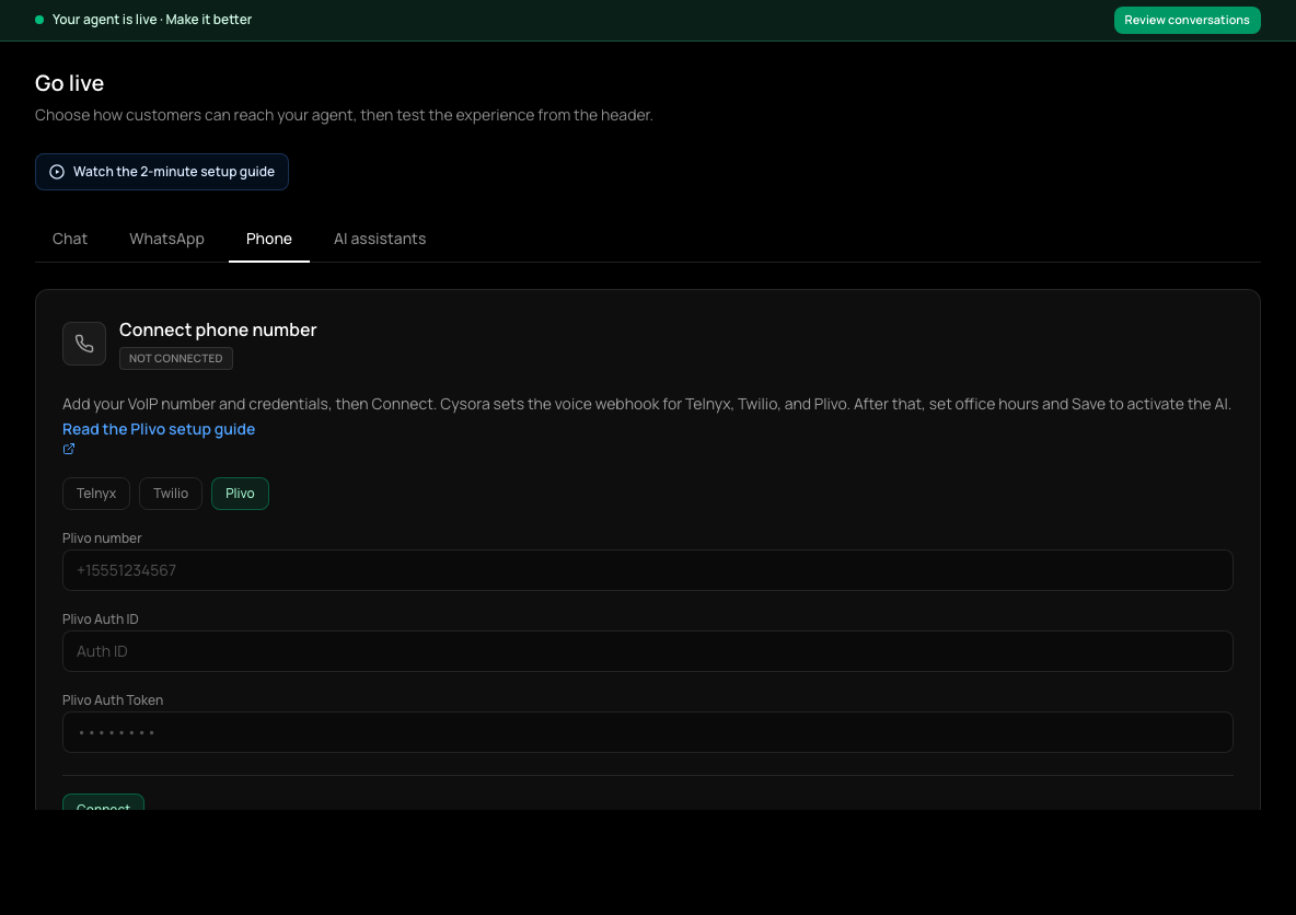 Go live, Phone tab: Telnyx, Twilio and Plivo provider buttons and the number and credential fields.