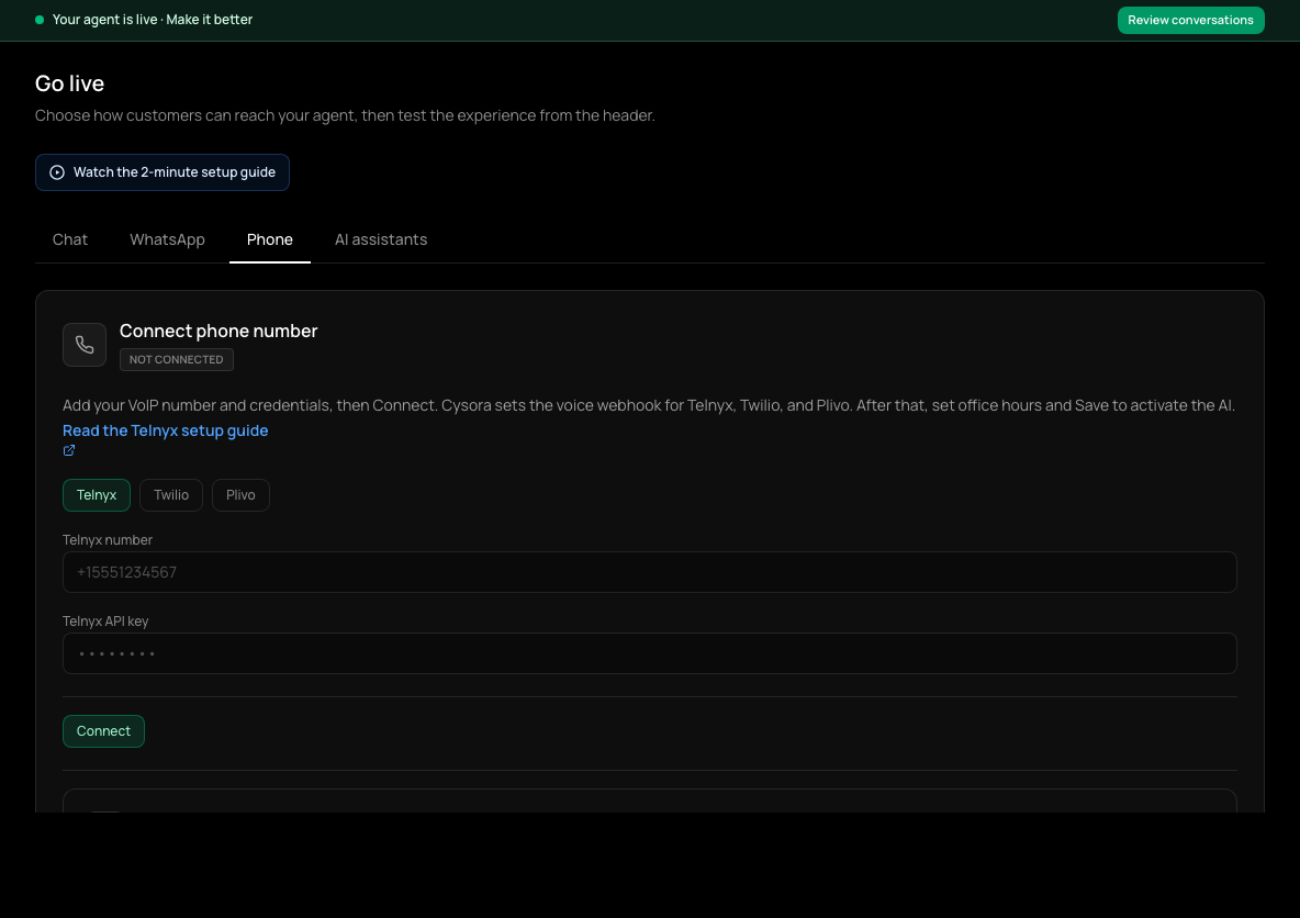 Go live, Phone tab: Telnyx, Twilio and Plivo provider buttons and the number and credential fields.