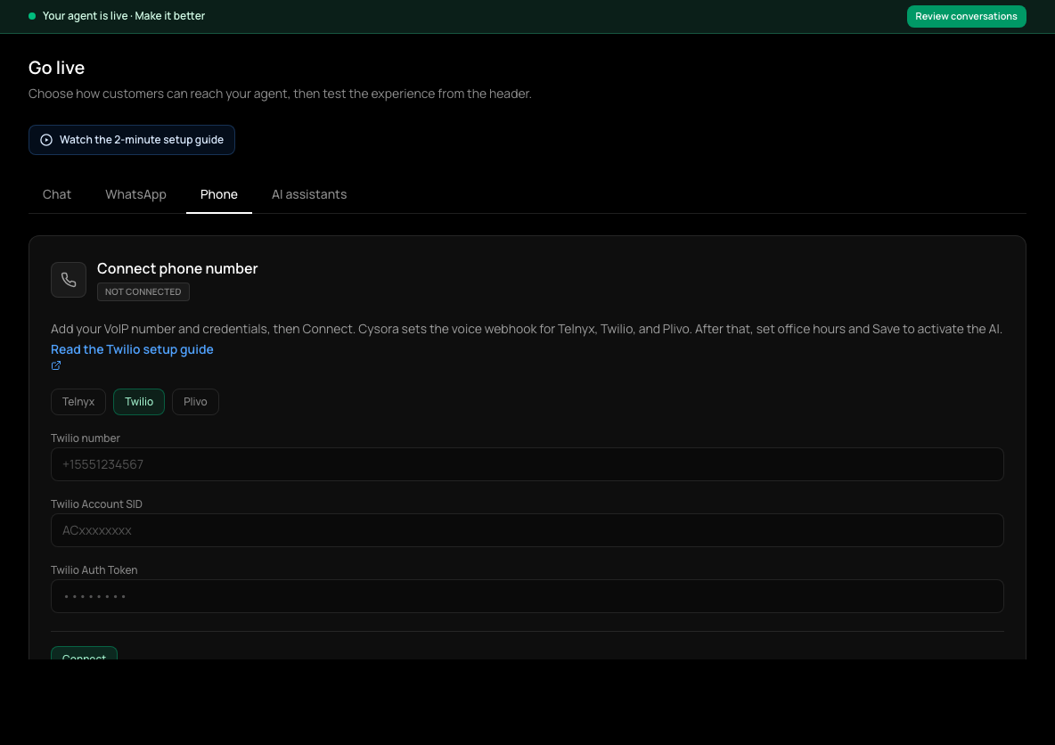 Go live, Phone tab: Telnyx, Twilio and Plivo provider buttons and the number and credential fields.